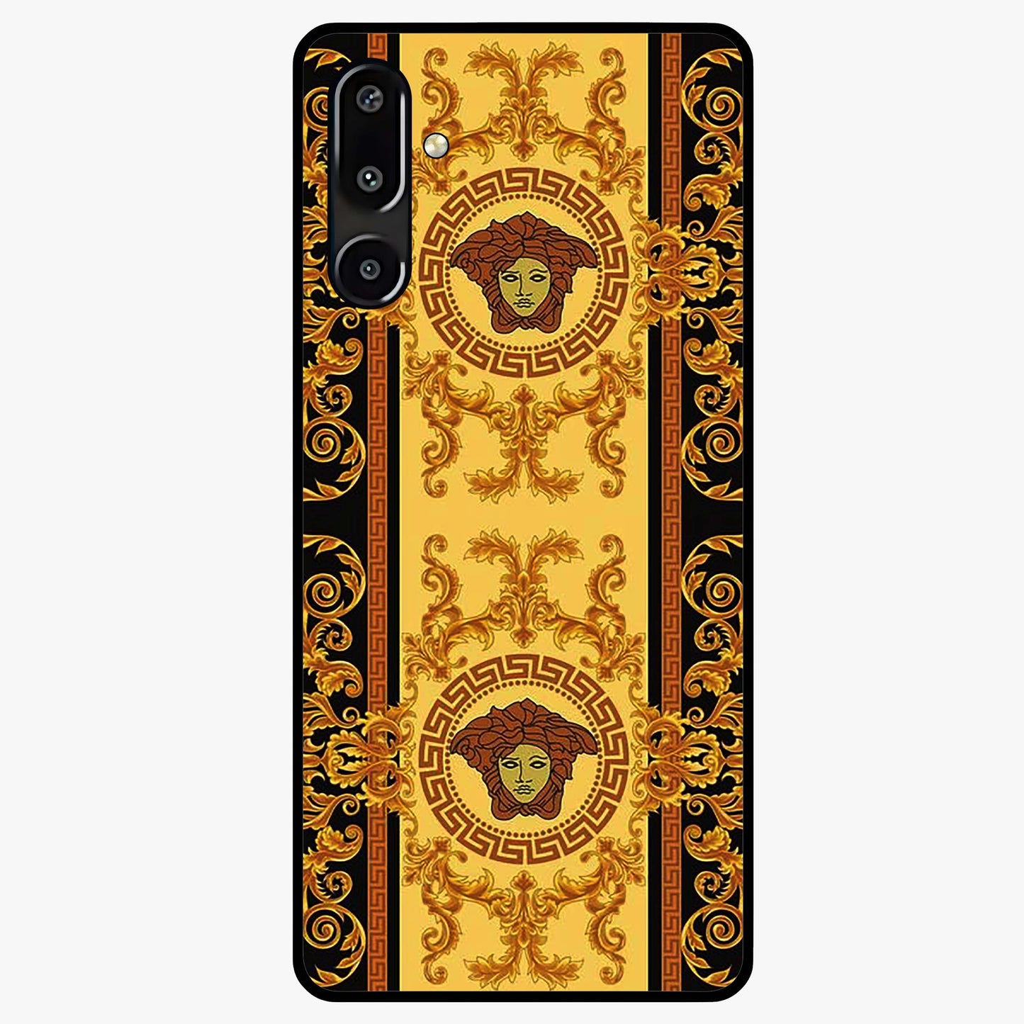 Golden Royal Heritage Glass Case showing flat back view with ornate royal pattern artwork and glossy glass finish.