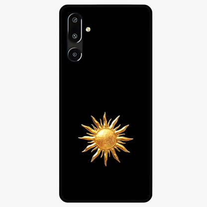 Golden Sun Minimalism Glass Case showing flat back view with minimal golden sun artwork and glossy glass finish.