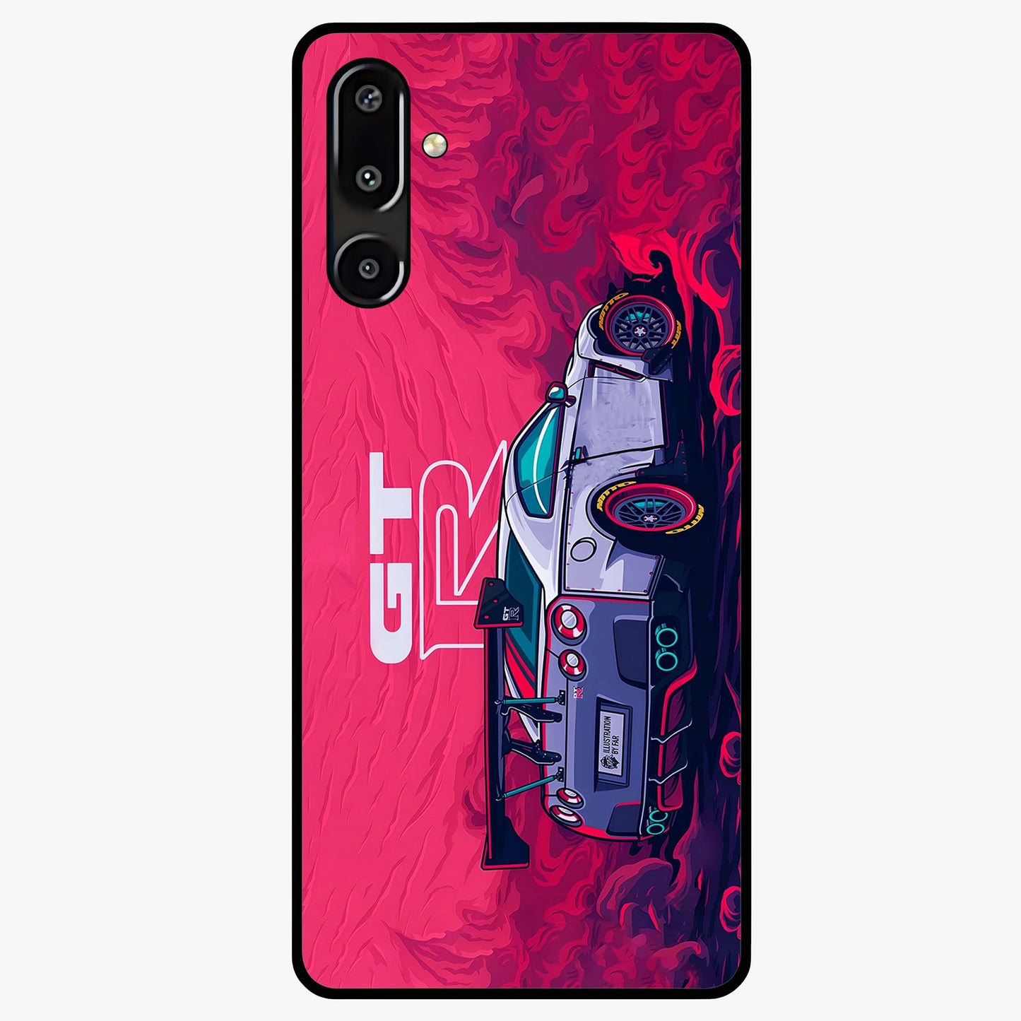GT-R Car Pattern Glass Case showing flat back view with sporty car inspired pattern artwork and glossy glass finish.