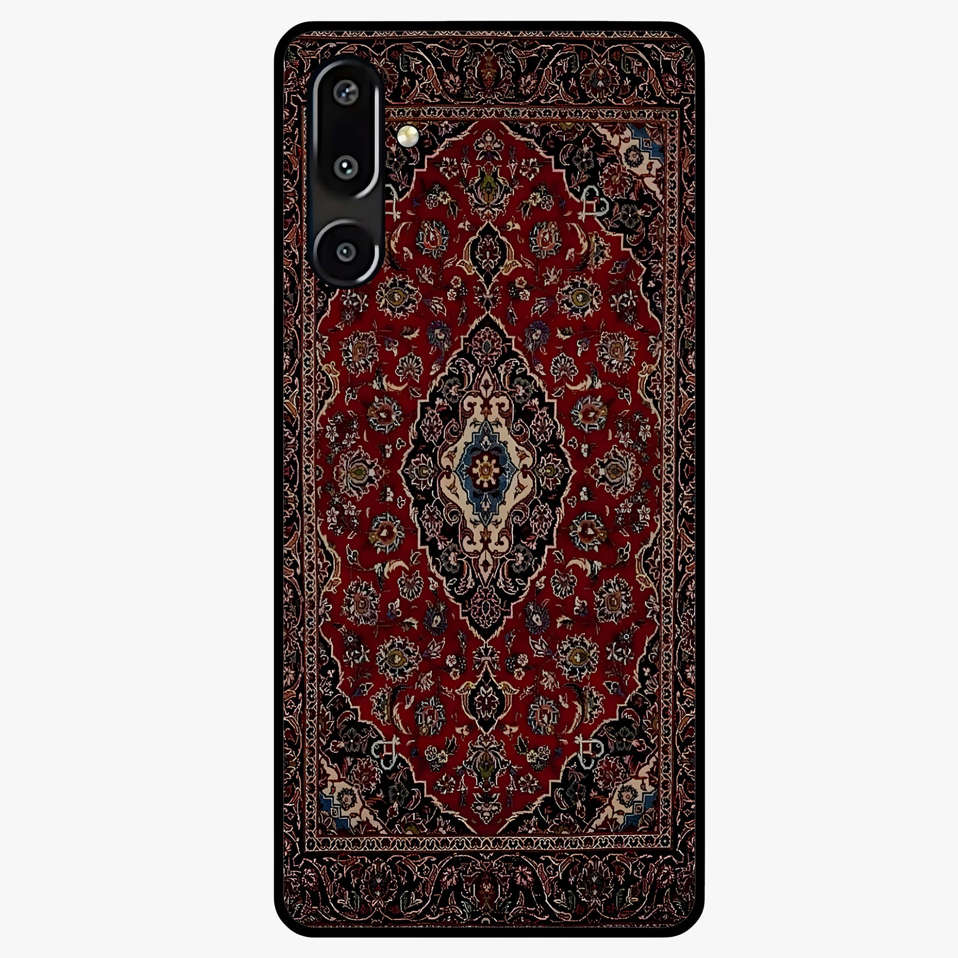 Heritage Carpet Royale Glass Case showing flat back view with ornate Persian carpet inspired pattern and glossy glass finish.