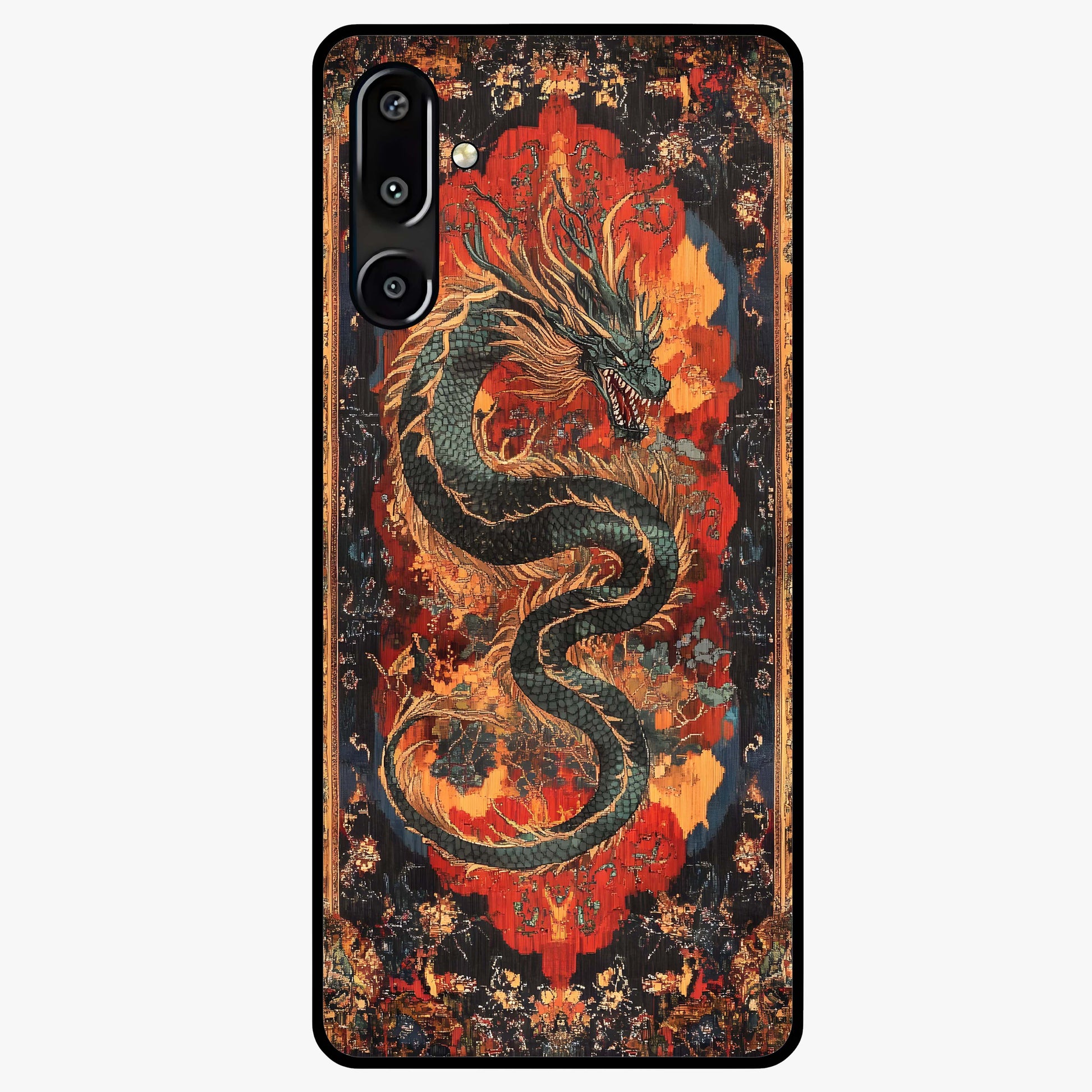 Inferno Dragon Soul Glass Case showing flat back view with fiery dragon artwork and glossy glass finish.