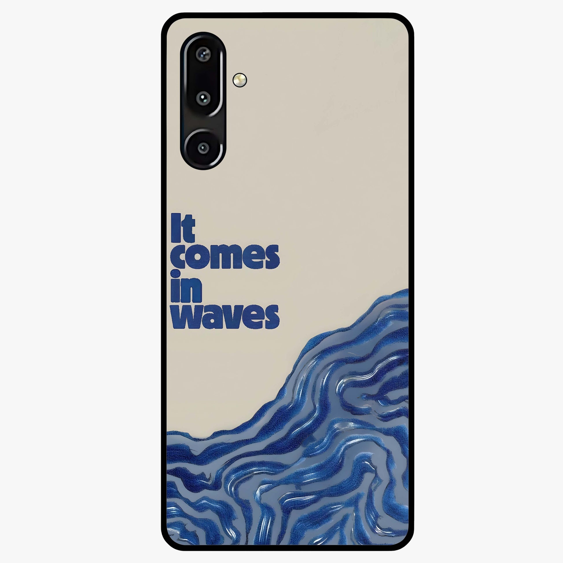 It Comes In Waves Quote Glass Case showing flat back view with inspirational wave themed quote artwork and glossy glass finish.