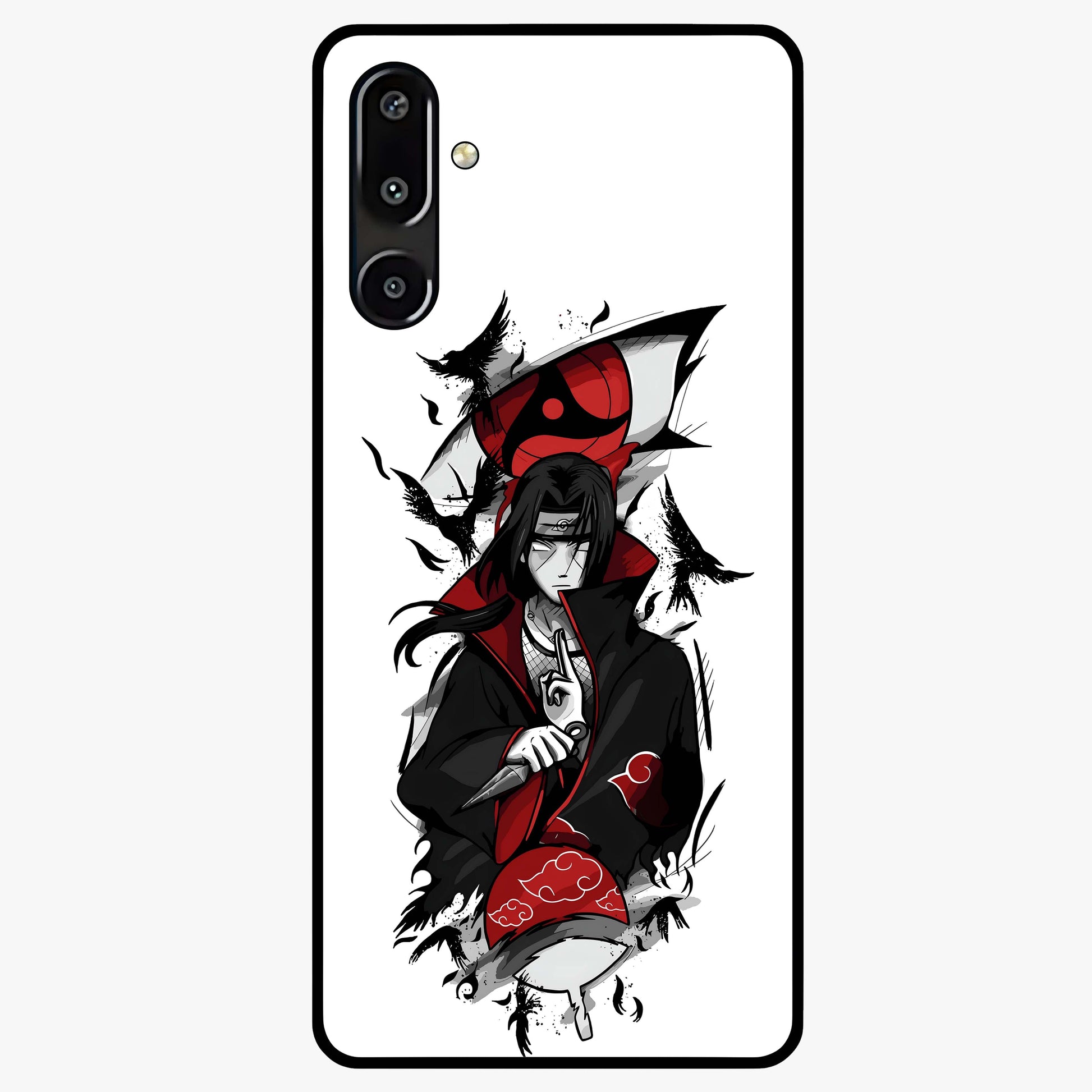 Itachi Sharingan Glass Case showing flat back view with powerful anime eye artwork and glossy glass finish.