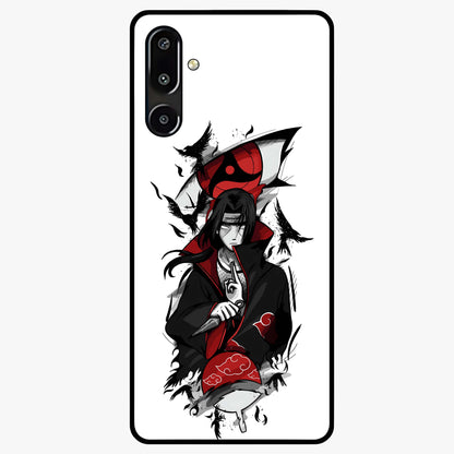 Itachi Sharingan Glass Case showing flat back view with powerful anime eye artwork and glossy glass finish.