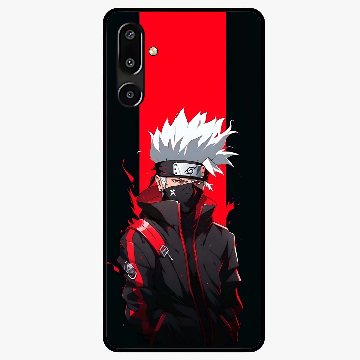 Kakashi Scarlet Shadow Glass Case showing flat back view with powerful anime ninja artwork and glossy glass finish.