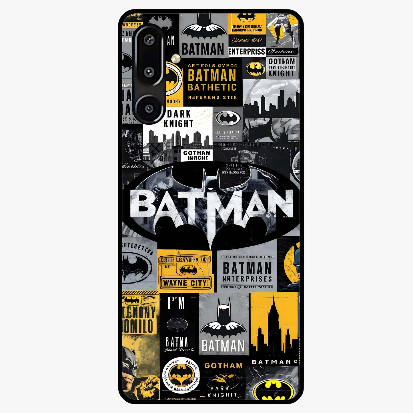 Knight Gotham Rise Glass Case showing flat back view with dark hero inspired artwork and glossy glass finish.
