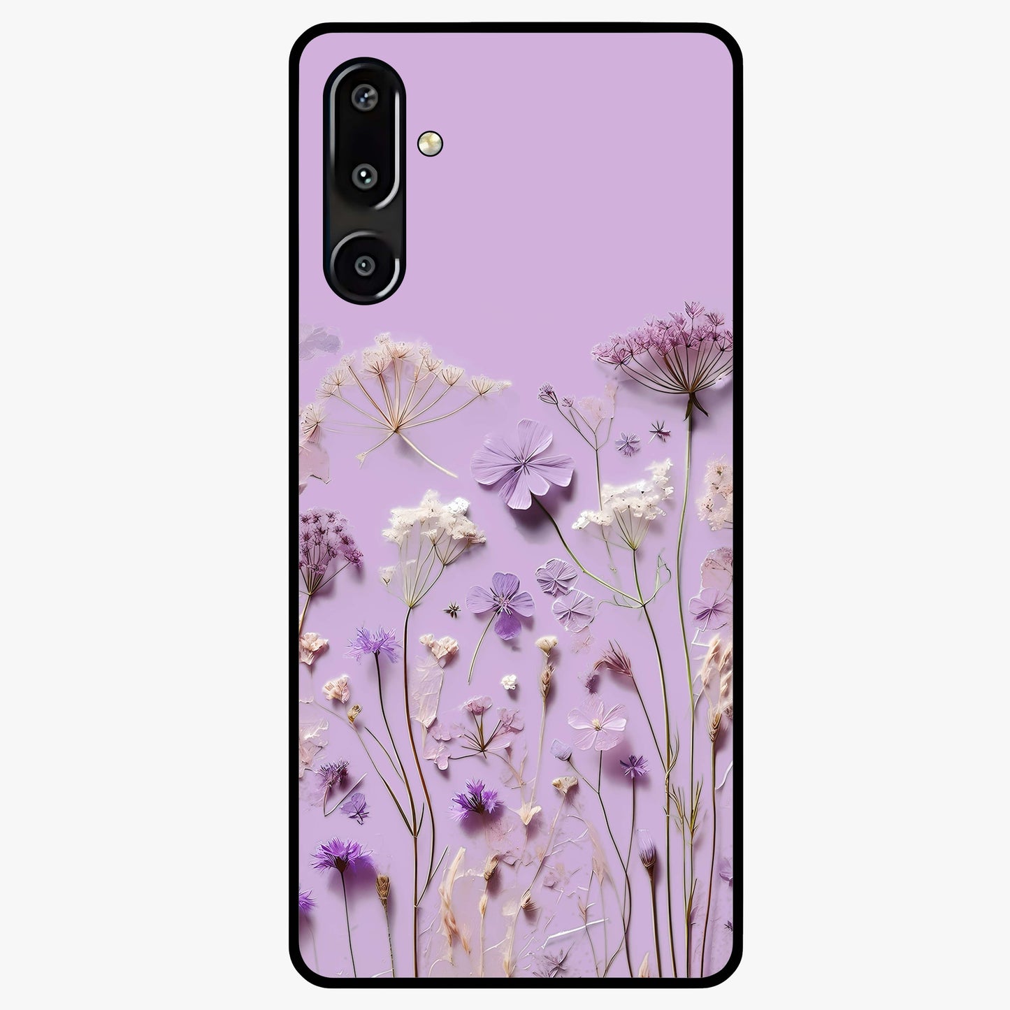 Lavender Blossom Dream Glass Case showing flat back view with soft lavender floral artwork and glossy glass finish.