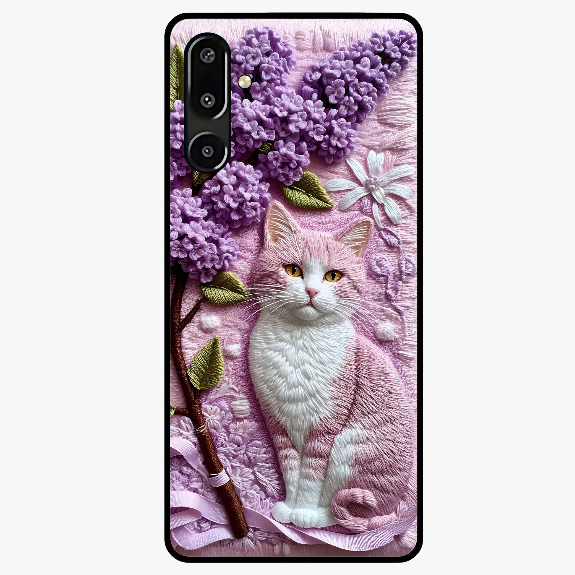 Lavender Cat Whimsy Glass Case showing flat back view with cute lavender cat artwork and glossy glass finish.