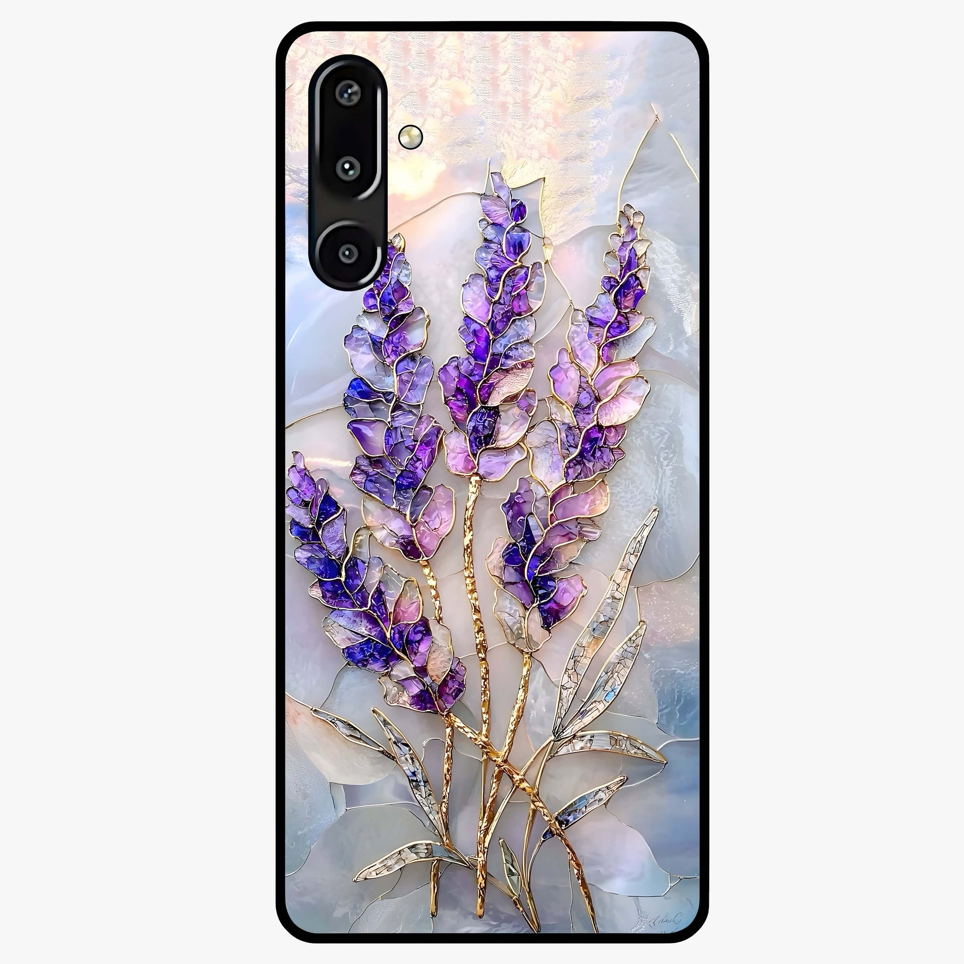 Lavender Dream Glow Glass Case showing flat back view with glowing lavender aesthetic artwork and glossy glass finish.