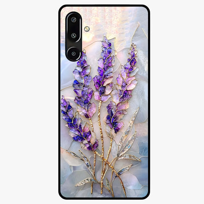 Lavender Dream Glow Glass Case showing flat back view with glowing lavender aesthetic artwork and glossy glass finish.