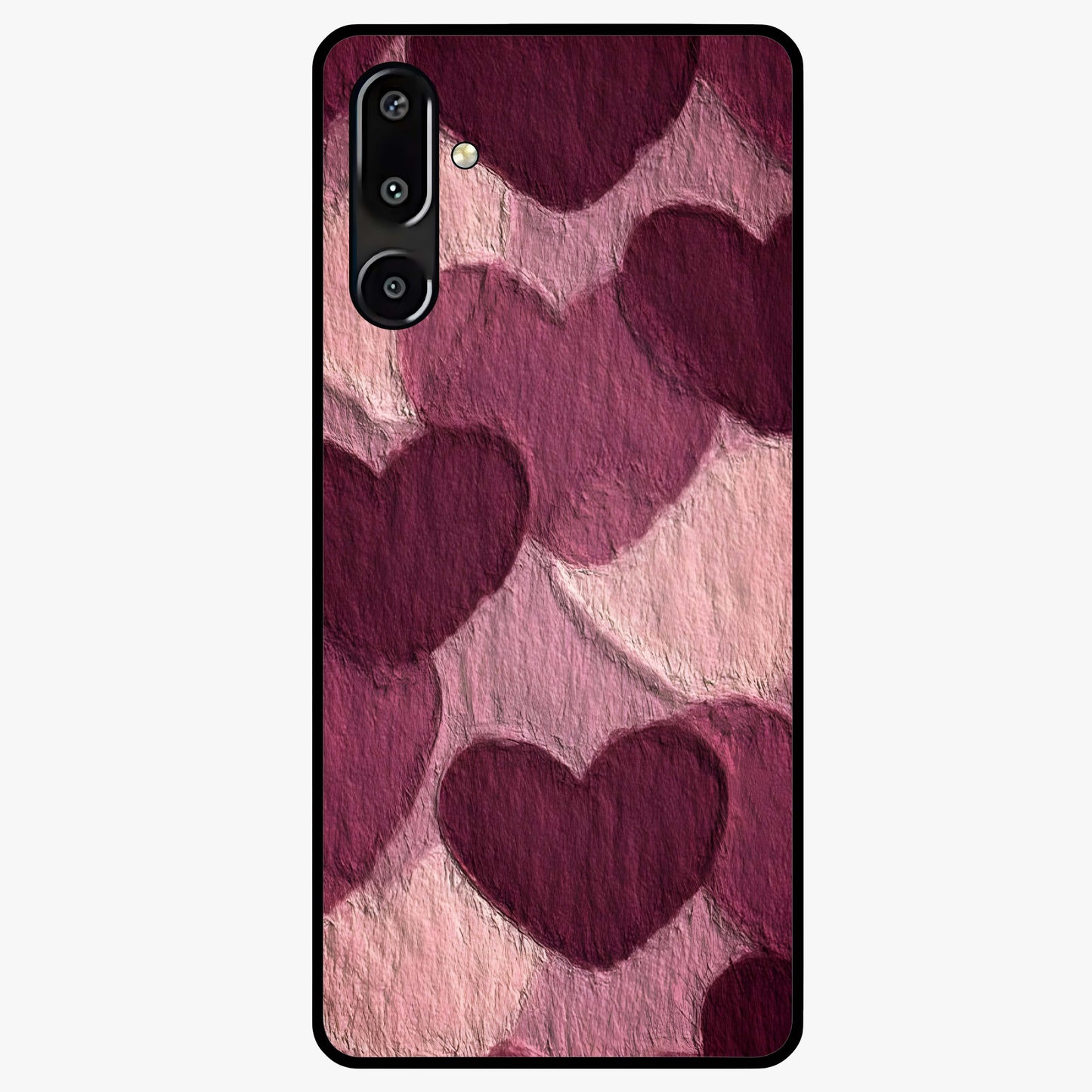 Layered Paper Hearts Glass Case showing flat back view with layered paper heart artwork and glossy glass finish.
