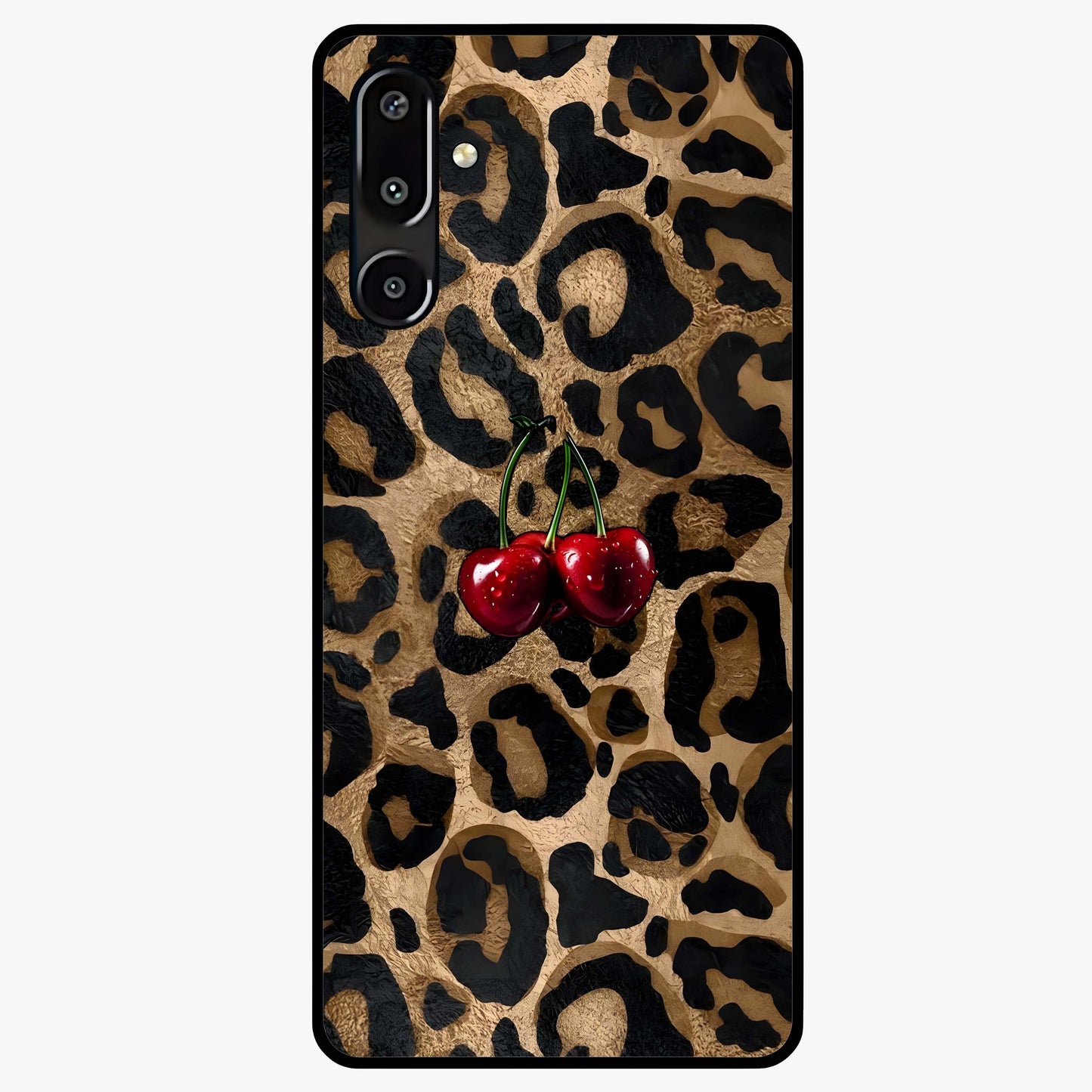 Leopard Wild Cherry Glass Case showing flat back view with leopard pattern and cherry artwork and glossy glass finish.
