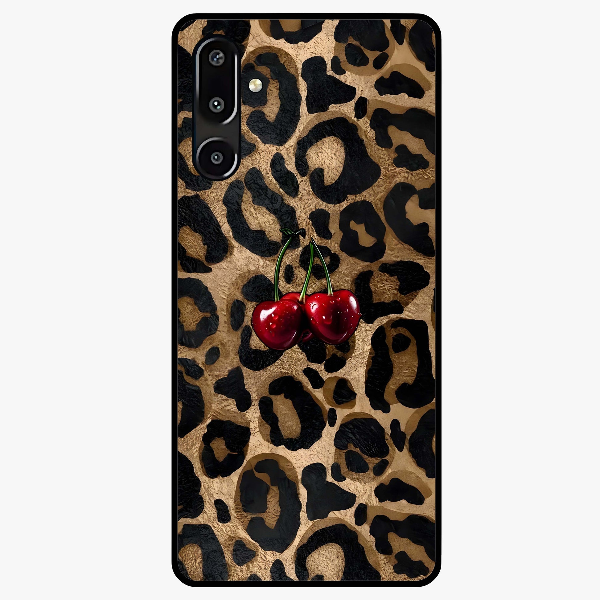 Leopard Wild Cherry Glass Case showing flat back view with leopard pattern and cherry artwork and glossy glass finish.