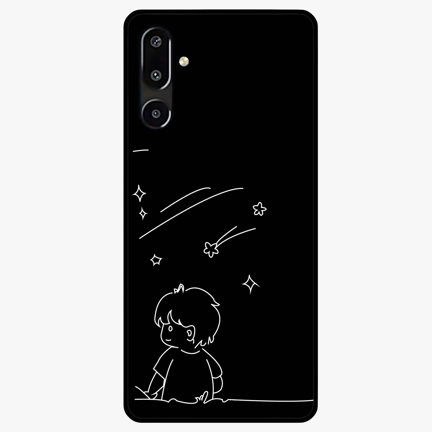 Line Art Boy With Shooting Stars Glass Case showing flat back view with minimal line art boy and shooting stars illustration and glossy glass finish.