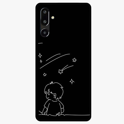 Line Art Boy With Shooting Stars Glass Case showing flat back view with minimal line art boy and shooting stars illustration and glossy glass finish.