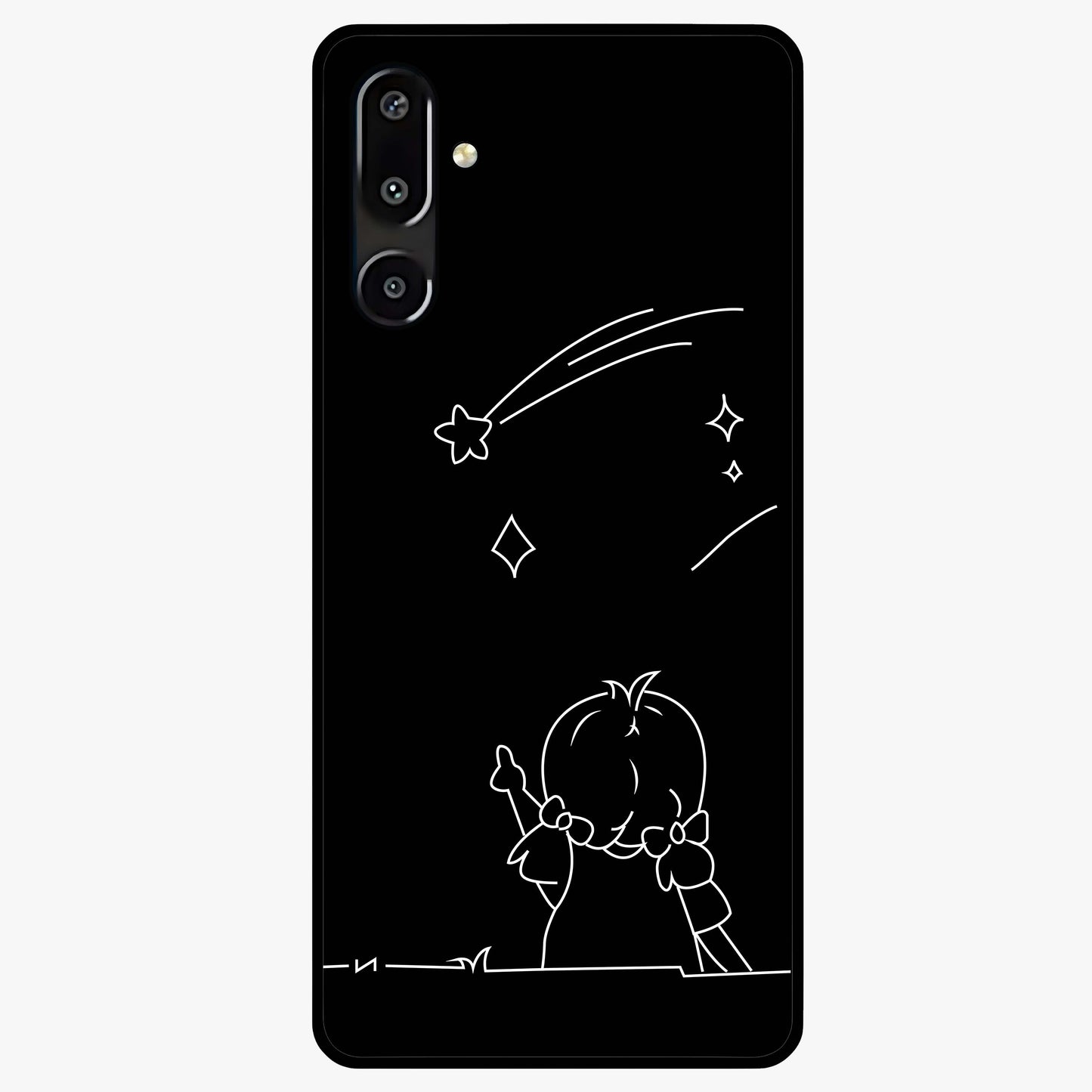 Line Art Girl With Shooting Stars Glass Case showing flat back view with minimal line art girl and shooting stars illustration and glossy glass finish.