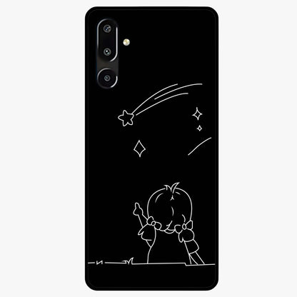 Line Art Girl With Shooting Stars Glass Case showing flat back view with minimal line art girl and shooting stars illustration and glossy glass finish.