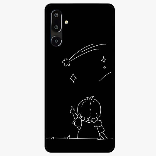 Line Art Girl With Shooting Stars Glass Case showing flat back view with minimal line art girl and shooting stars illustration and glossy glass finish.