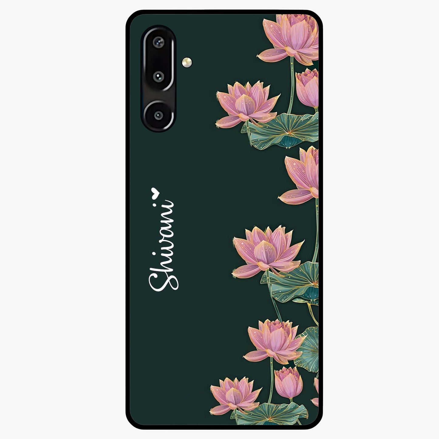 Lotus Bloom Serenity Custom Name Glass Case showing flat back view with elegant lotus flower artwork and personalized name design.