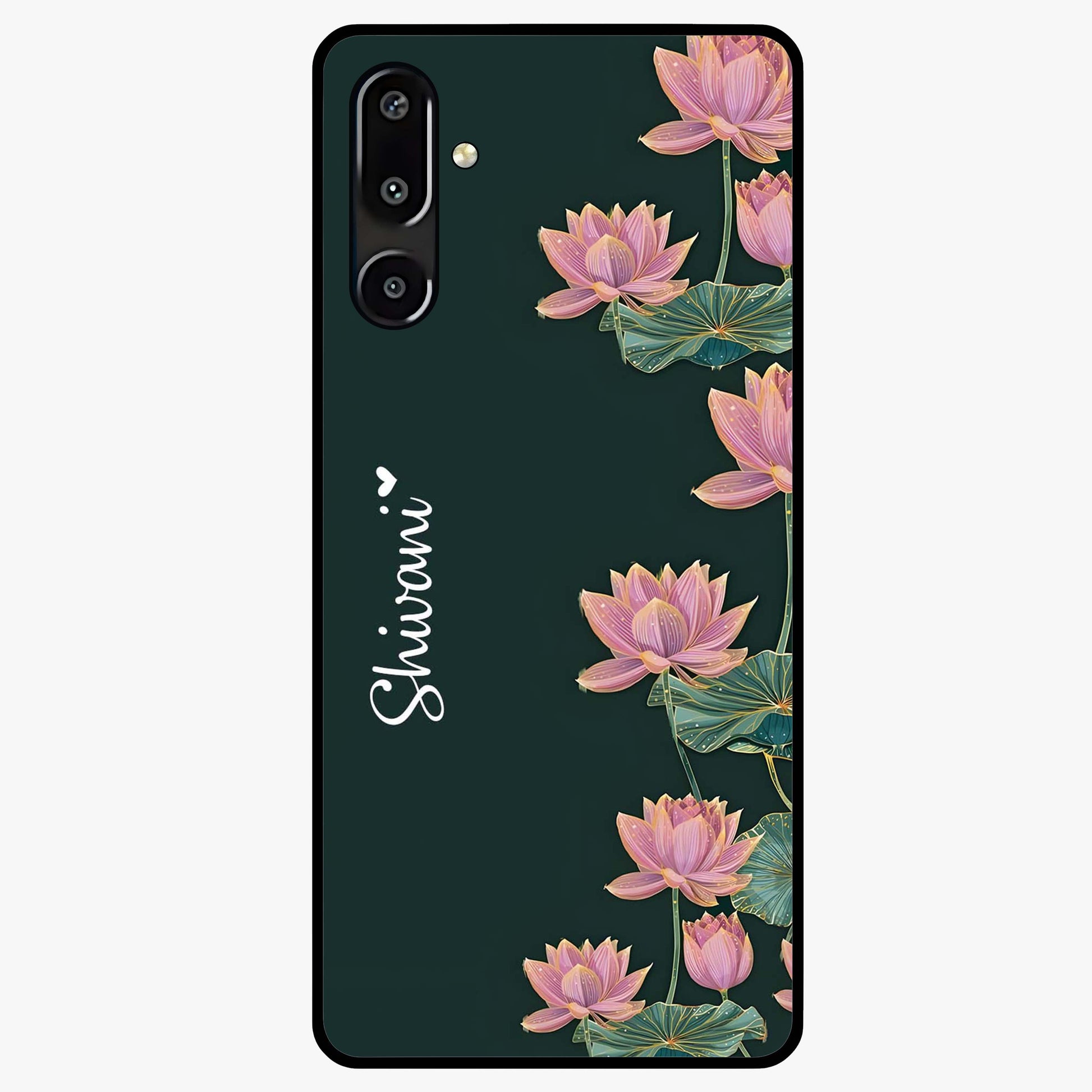 Lotus Bloom Serenity Custom Name Glass Case showing flat back view with elegant lotus flower artwork and personalized name design.