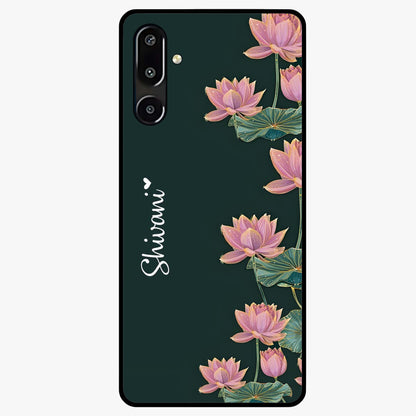 Lotus Bloom Serenity Custom Name Glass Case showing flat back view with elegant lotus flower artwork and personalized name design.