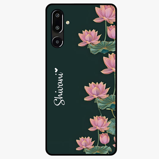 Lotus Bloom Serenity Custom Name Glass Case showing flat back view with elegant lotus flower artwork and personalized name design.
