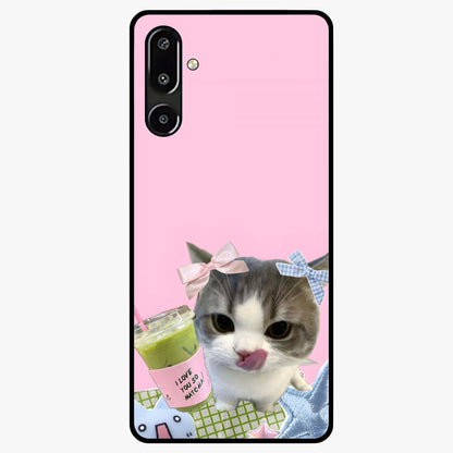 Love Matcha Cat Glass Case showing flat back view with cute cat and matcha themed artwork and glossy glass finish.