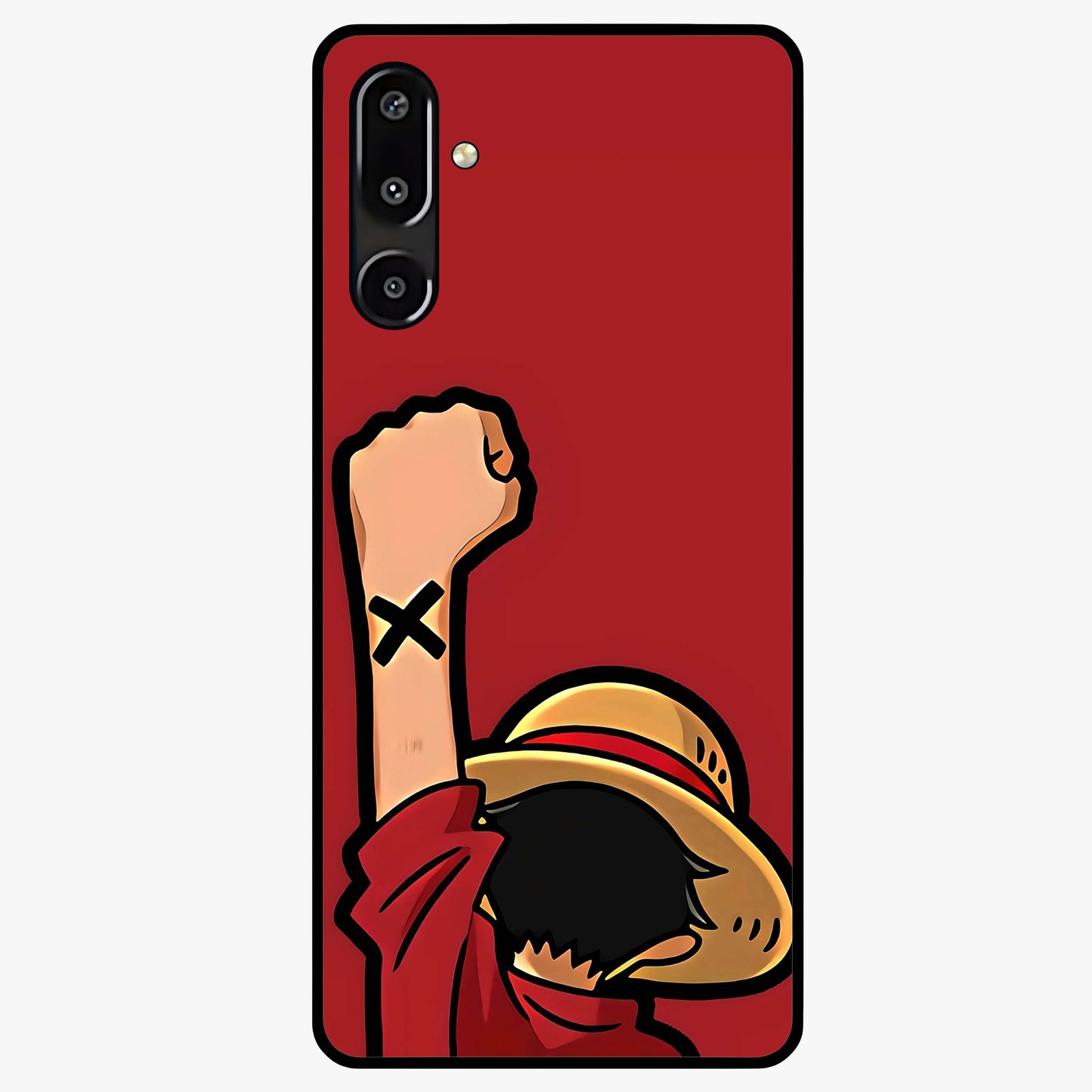 Luffy X Spirit Glass Case showing flat back view with bold anime character artwork and glossy glass finish.