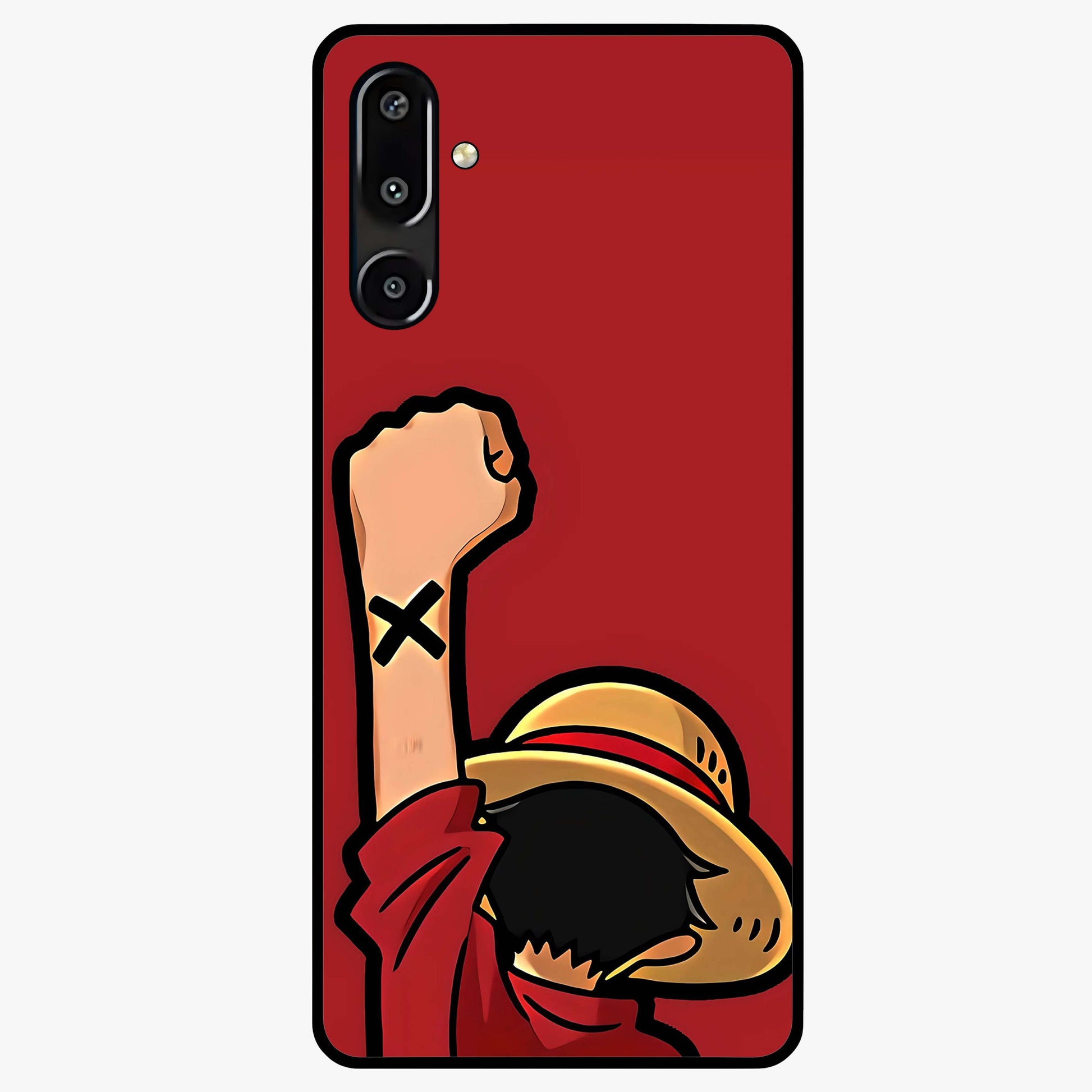 Luffy X Spirit Glass Case showing flat back view with bold anime character artwork and glossy glass finish.