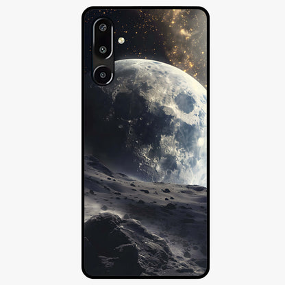 Lunar Horizon Glow Glass Case showing flat back view with glowing moon horizon artwork and glossy glass finish.