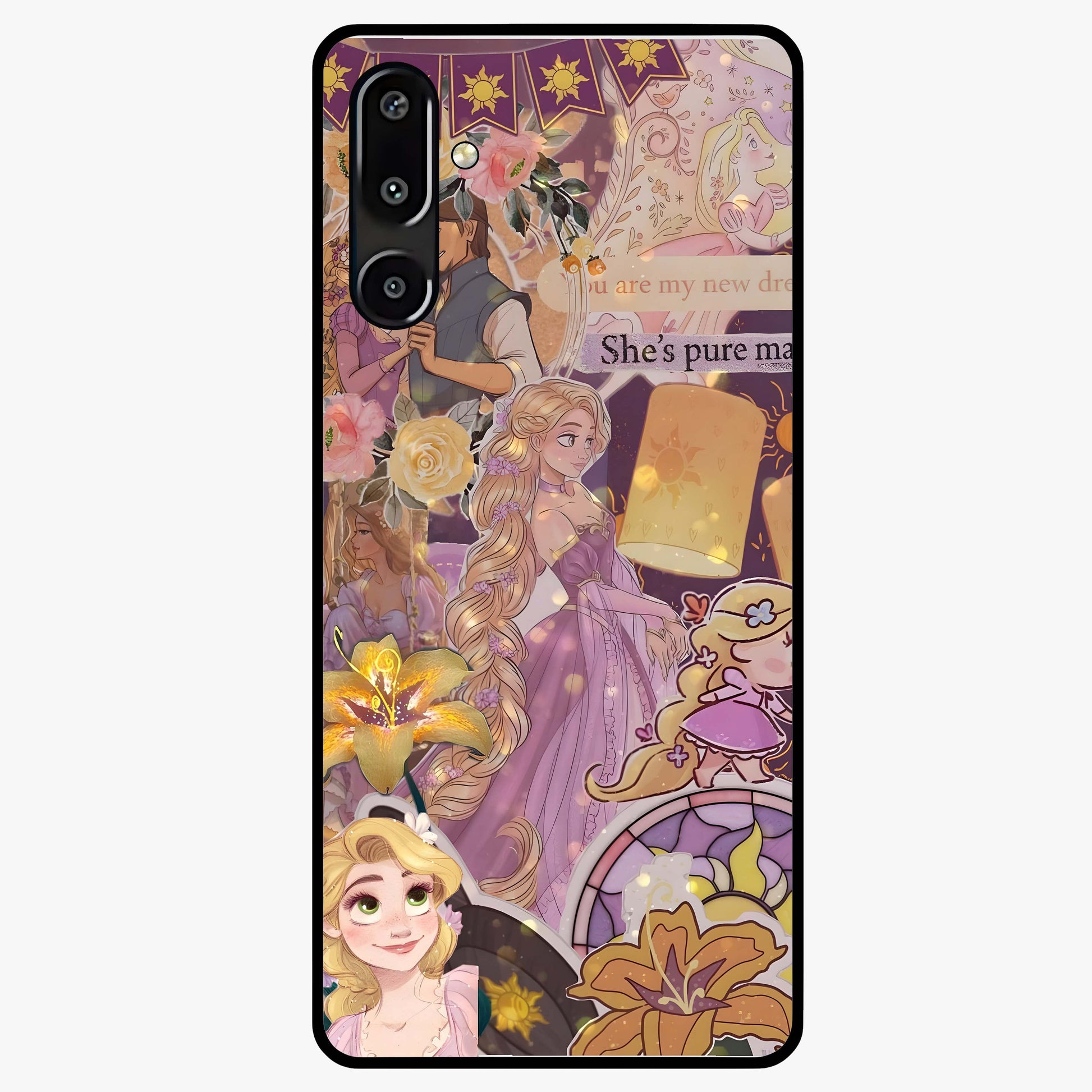 Magical Tangled Dream Glass Case showing flat back view with dreamy tangled artwork and glossy glass finish.