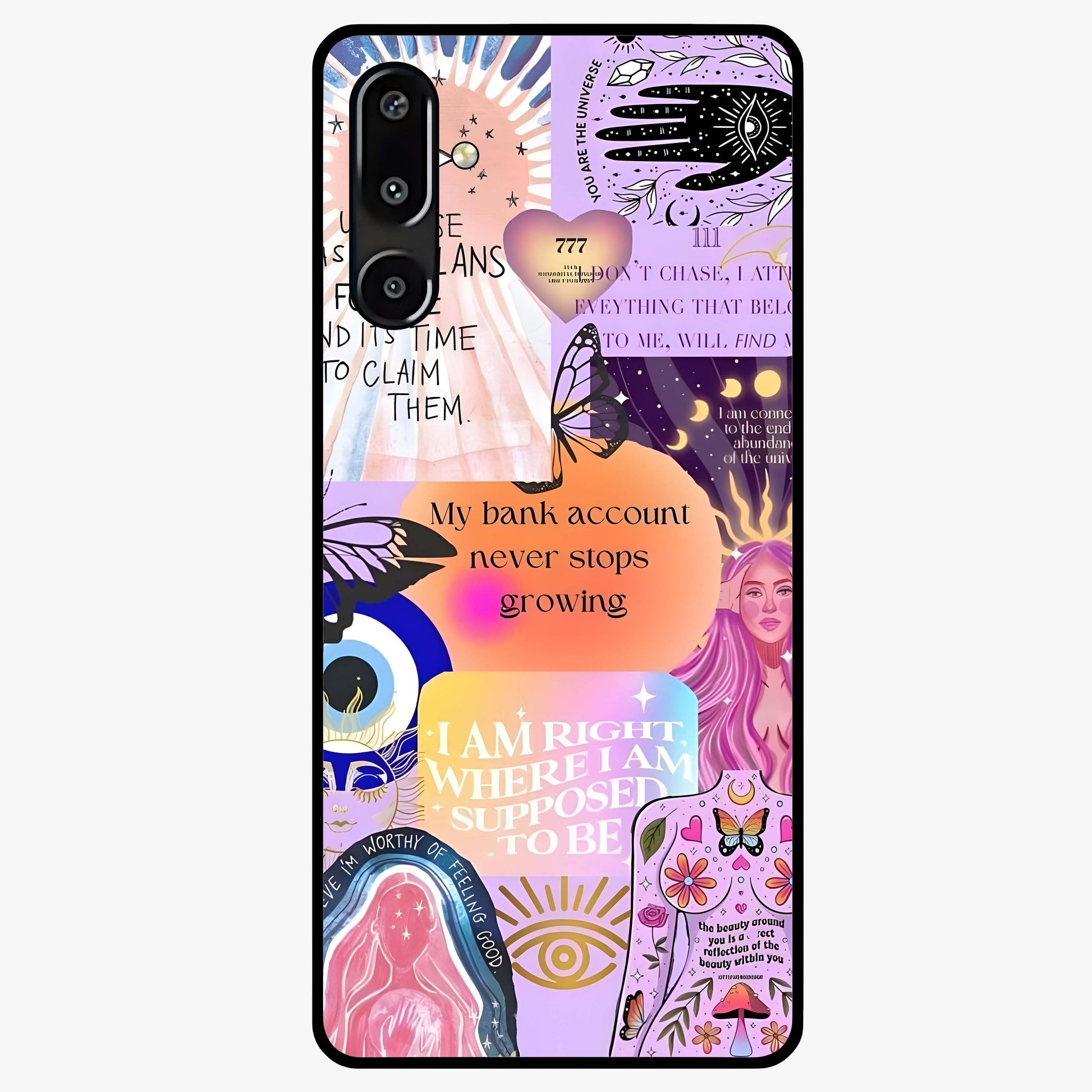 Manifestation Collage Glass Case showing flat back view with motivational collage artwork and glossy glass finish.