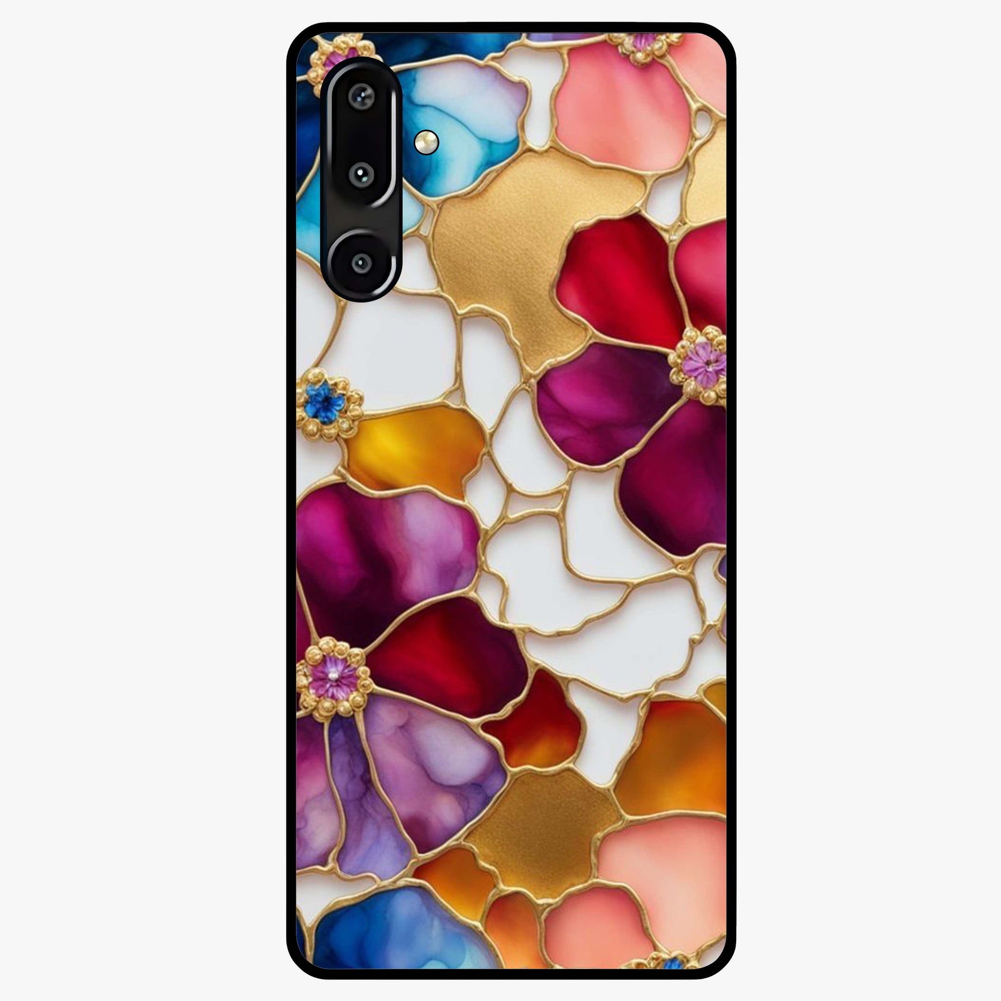 Marble Flower Pattern Glass Case showing flat back view with marble texture floral artwork and glossy glass finish.