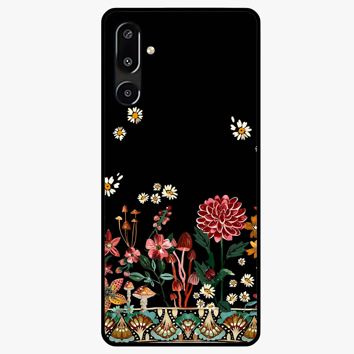 Midnight Bloom Pattern Glass Case showing flat back view with dark floral pattern artwork and glossy glass finish.