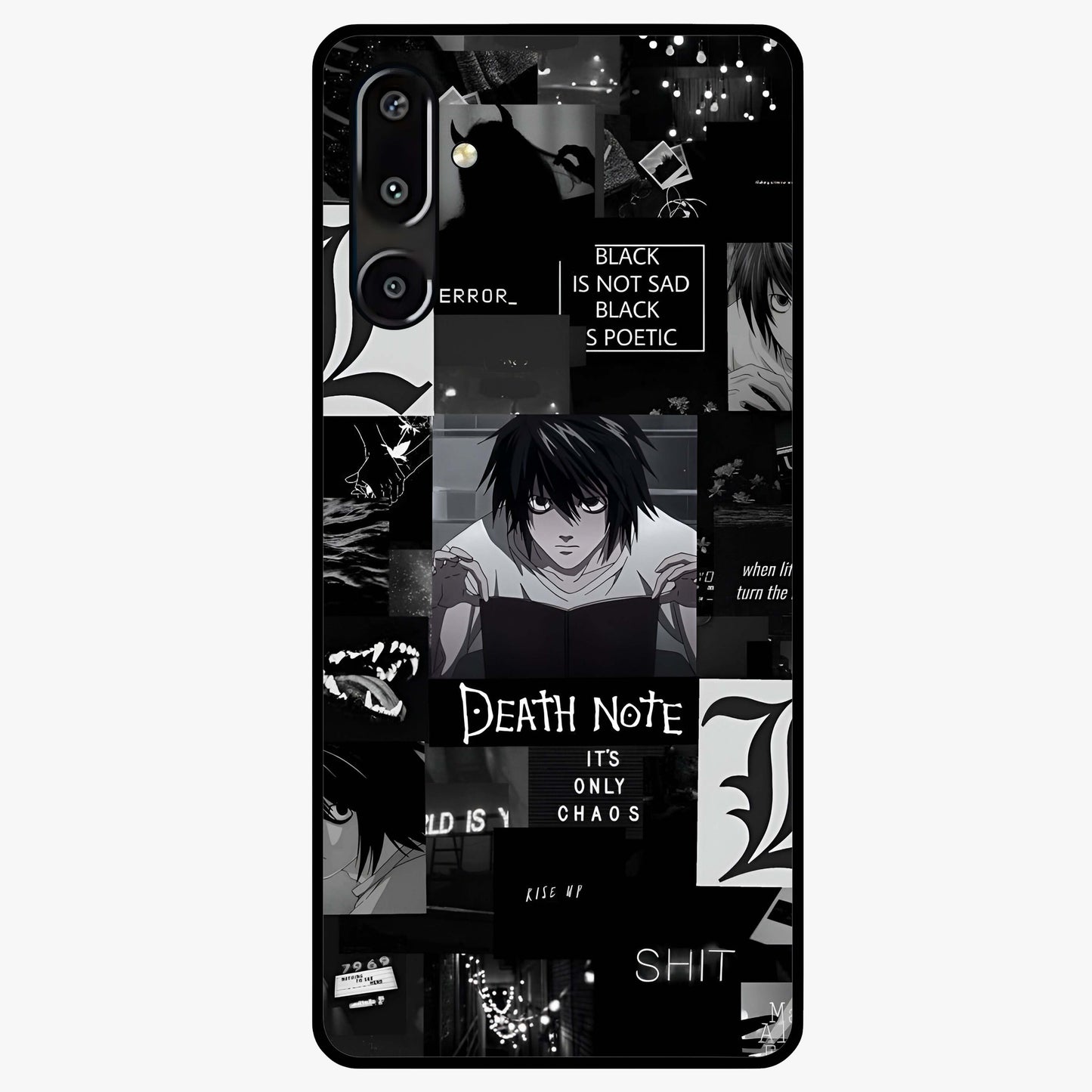 Midnight Chaos Mind Glass Case showing flat back view with abstract dark themed artwork and glossy glass finish.