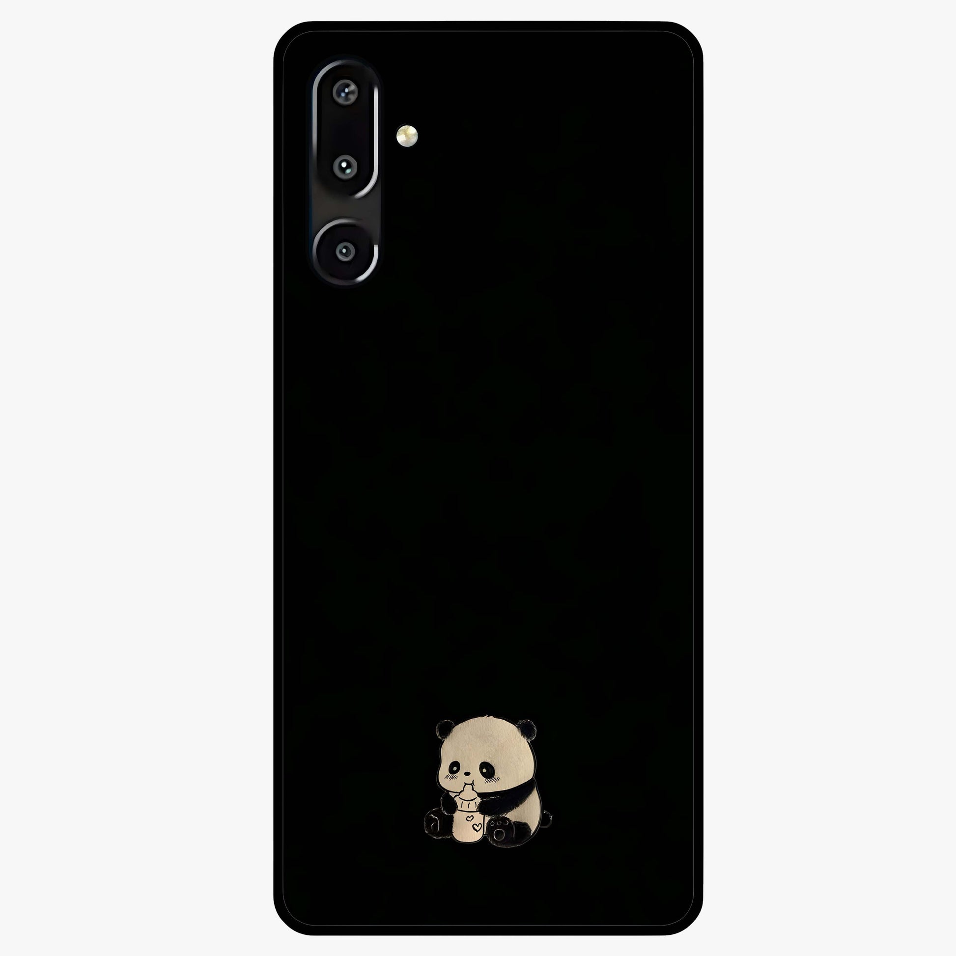 Midnight Panda Love Glass Case showing flat back view with cute panda themed artwork and glossy glass finish.