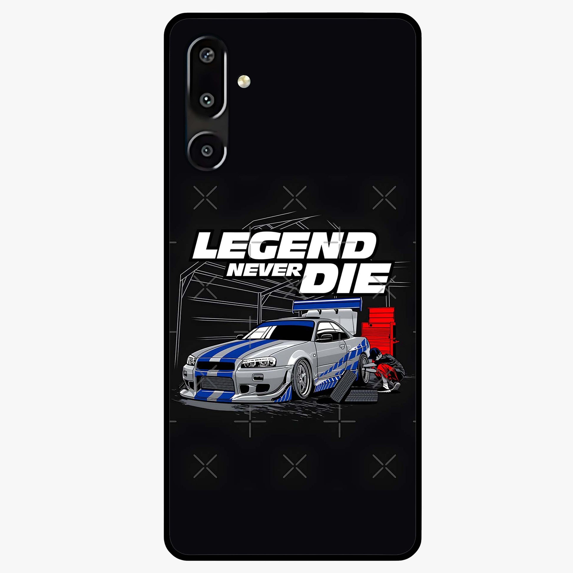 Midnight Racing Legacy Glass Case showing flat back view with sleek racing inspired artwork and glossy glass finish.