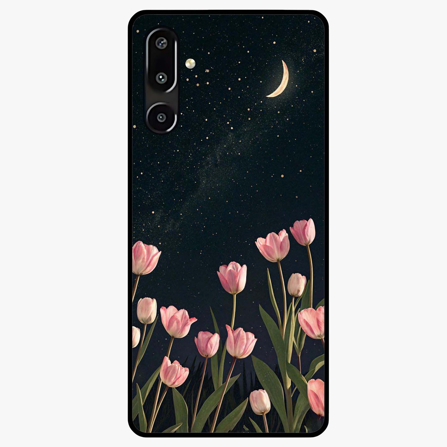 Midnight Tulip Whispers Vibe Glass Case showing flat back view with elegant tulip flower artwork and glossy glass finish.