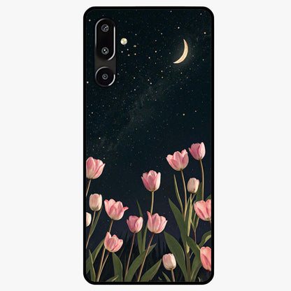 Midnight Tulip Whispers Vibe Glass Case showing flat back view with elegant tulip flower artwork and glossy glass finish.