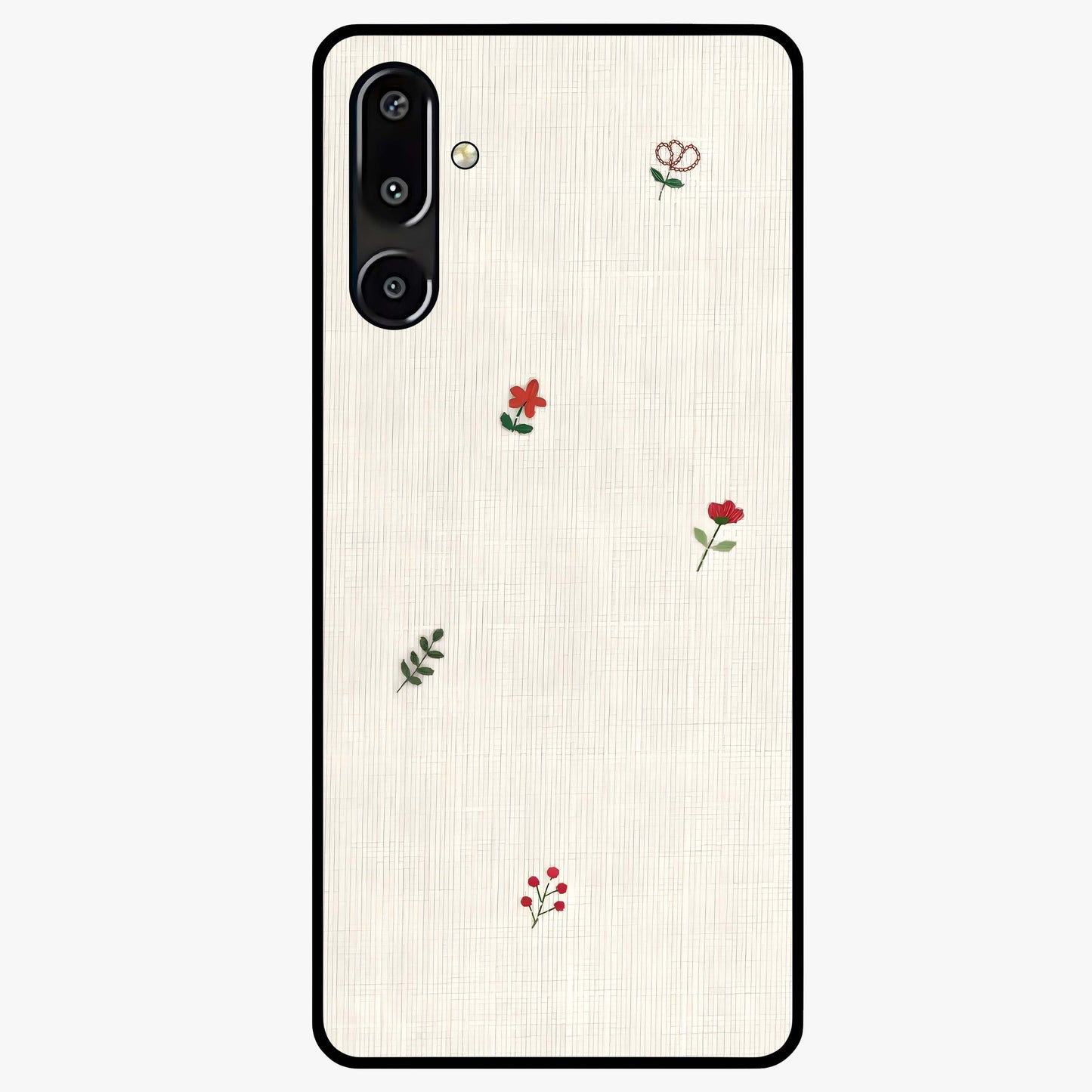 Minimal Petal Whispers Glass Case showing flat back view with soft minimal floral artwork and glossy glass finish.