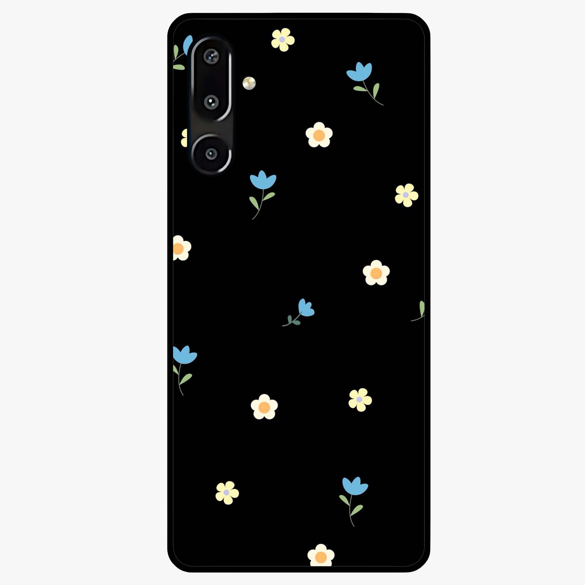 Minimalistic Blue With White Flower Pattern Glass Case showing flat back view with blue background and white flower pattern and glossy glass finish.
