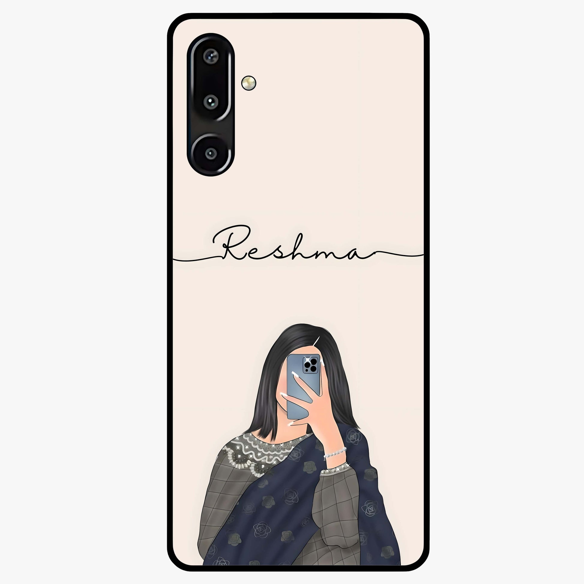 Mirror Mood Muse With Custom Name Glass Case showing flat back view with stylish mirrored artwork and personalized name design.