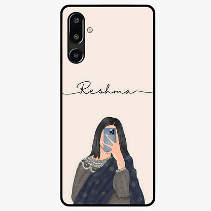 Mirror Mood Muse With Custom Name Glass Case showing flat back view with stylish mirrored artwork and personalized name design.