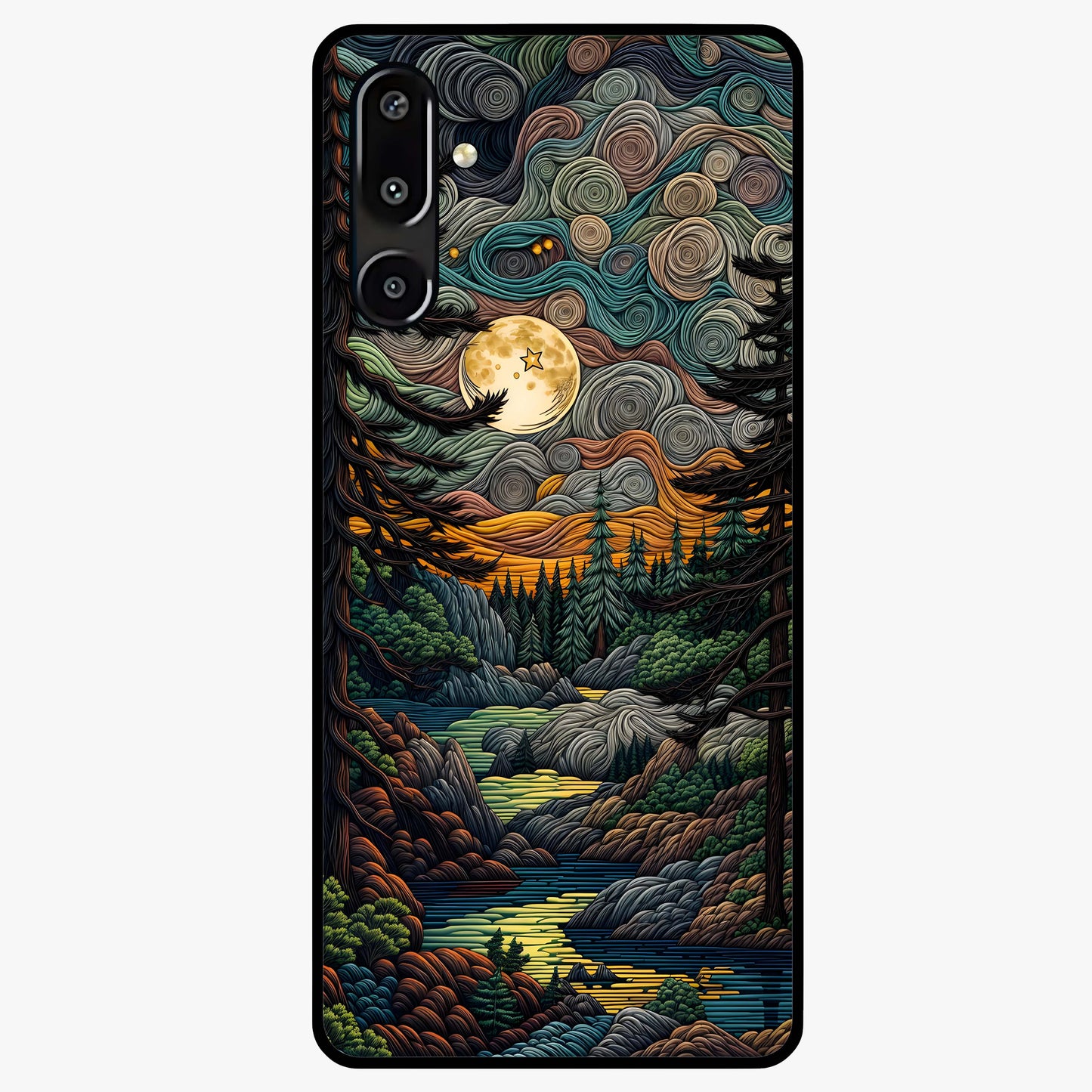 Moonlight Forest Dream Glass Case showing flat back view with mystical forest moonlight artwork and glossy glass finish.