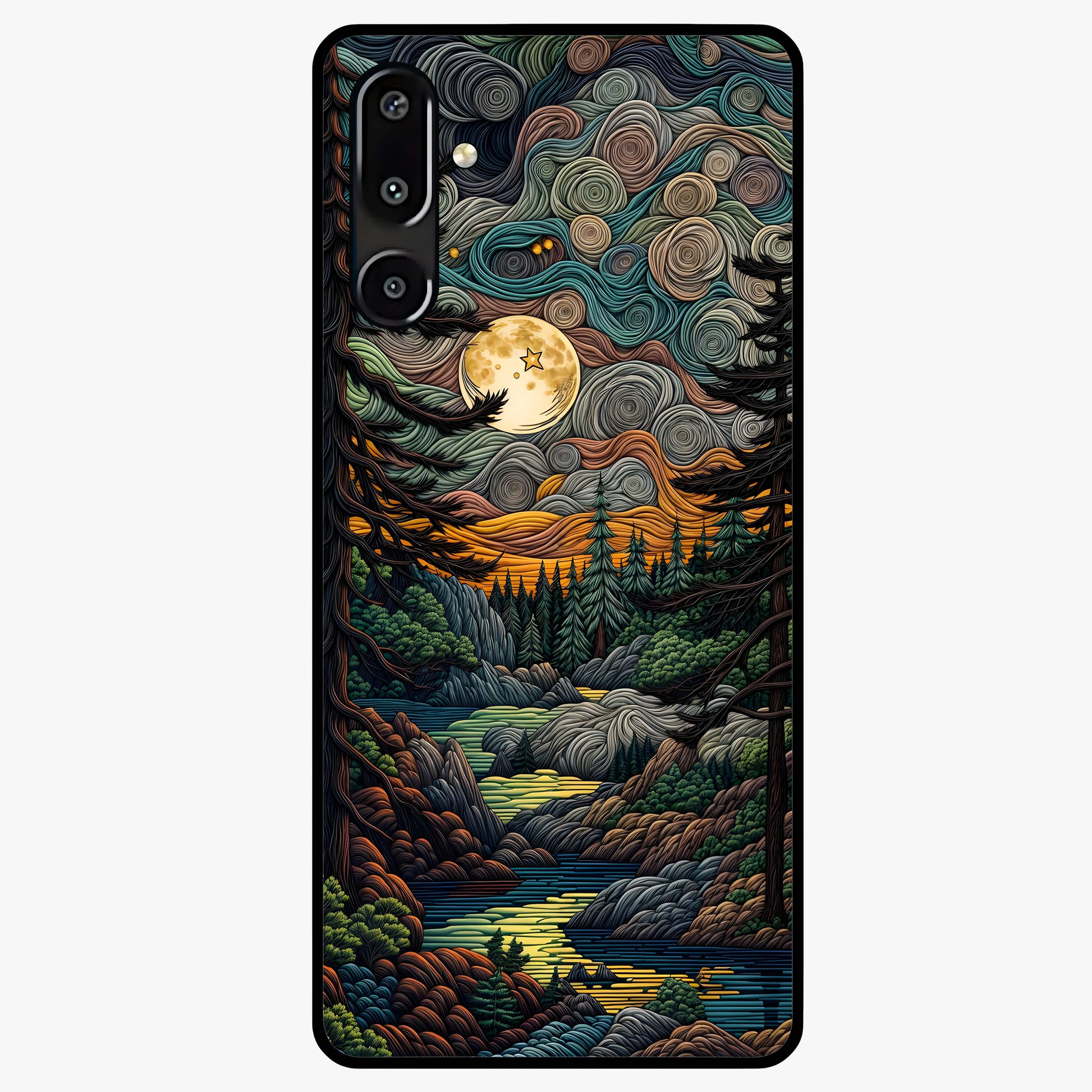 Moonlight Forest Dream Glass Case showing flat back view with mystical forest moonlight artwork and glossy glass finish.