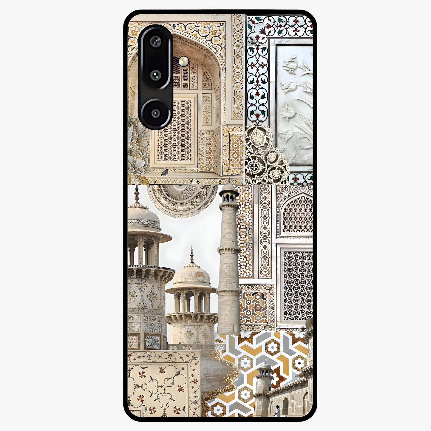 Mughal Marble Legacy Glass Case showing flat back view with intricate Mughal inspired marble pattern and glossy glass finish.