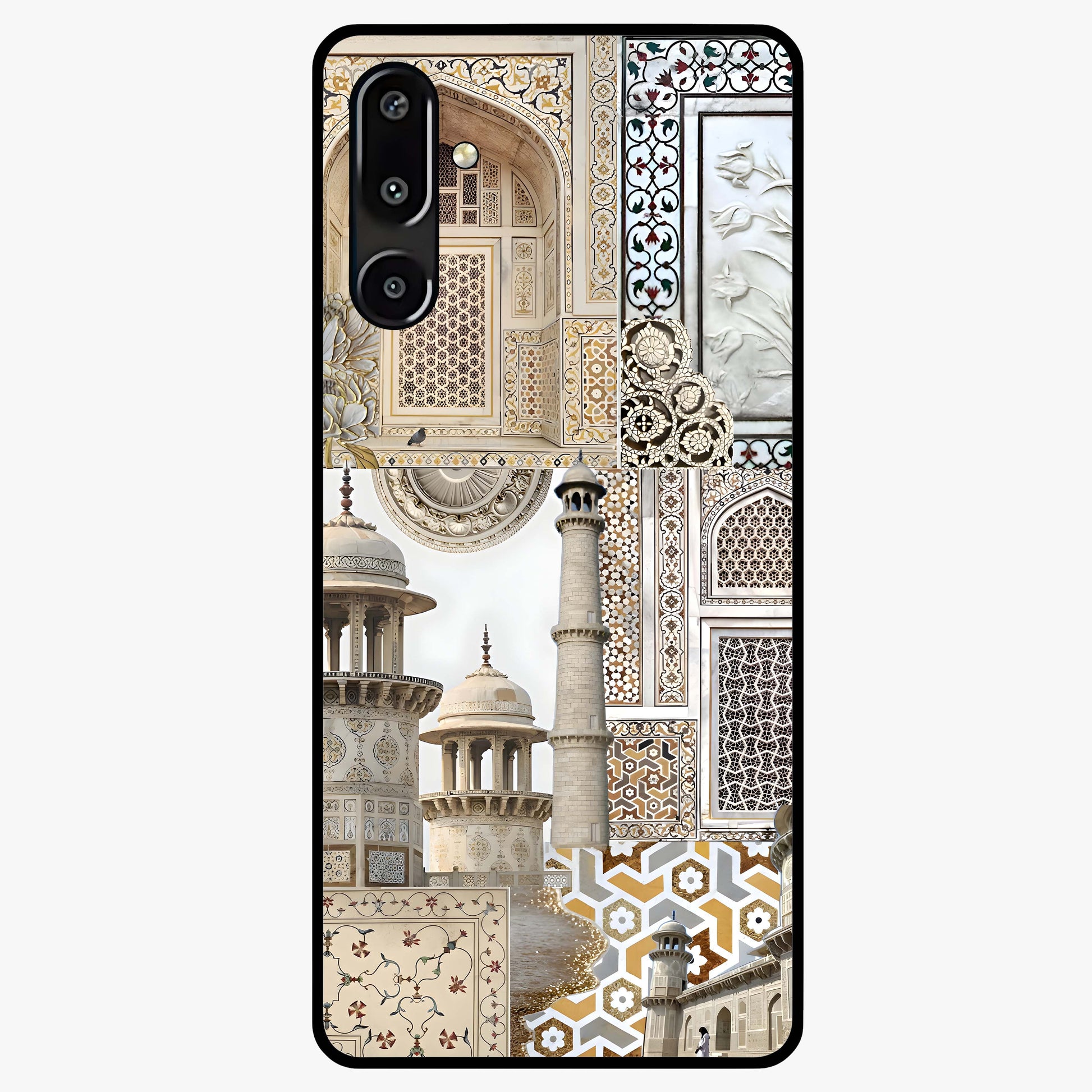 Mughal Marble Legacy Glass Case showing flat back view with intricate Mughal inspired marble pattern and glossy glass finish.
