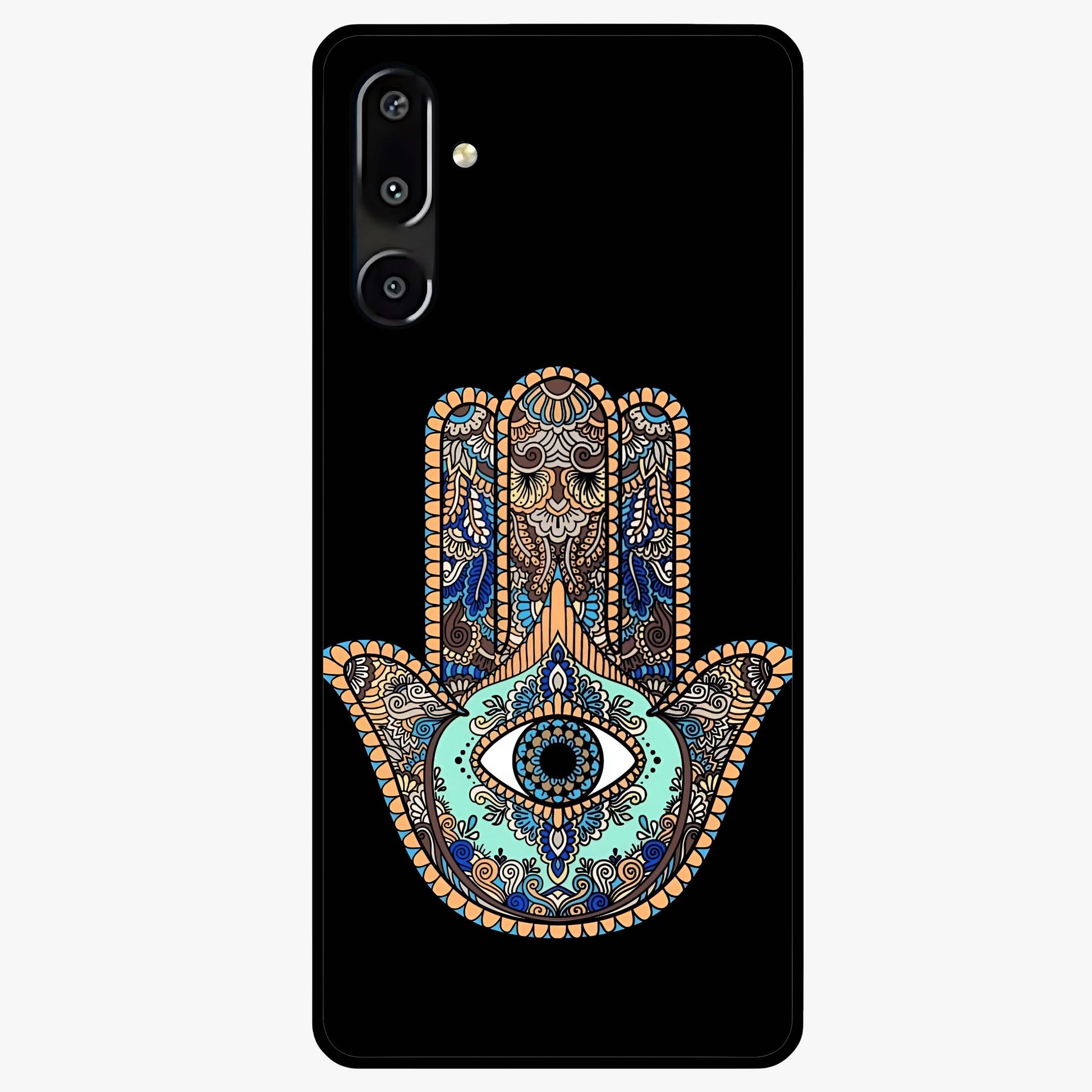 Mystic Hamsa Eye Glass Case showing flat back view with protective hamsa hand and evil eye artwork and glossy glass finish.