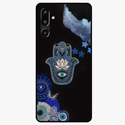Mystic Hand Aura Glass Case showing flat back view with mystical hand symbol artwork and glossy glass finish.