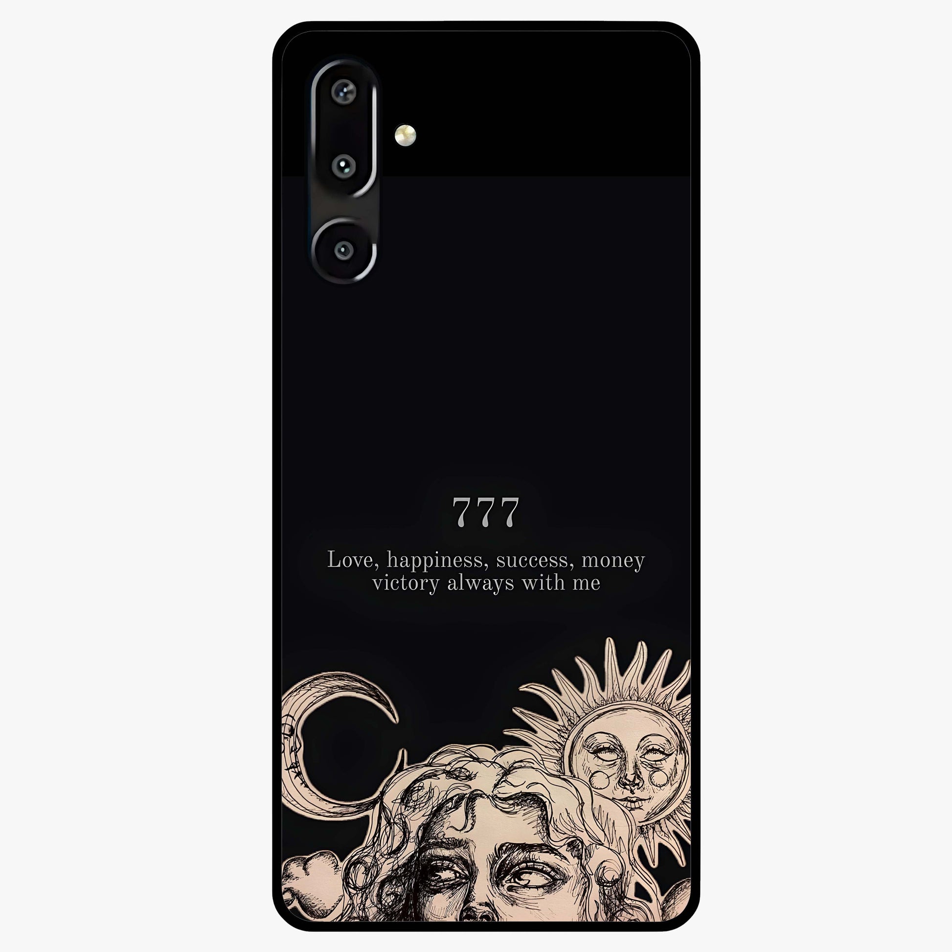 Mystic Victory Aura Glass Case showing flat back view with victory symbol artwork and glossy glass finish.